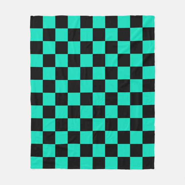 Green Black Chequered Check Pattern Fleece Blanket (Front)