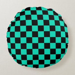 Green Black Chequered Check Pattern Round Cushion