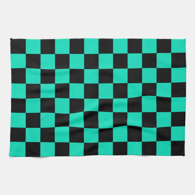 Green Black Chequered Check Pattern Tea Towel (Horizontal)