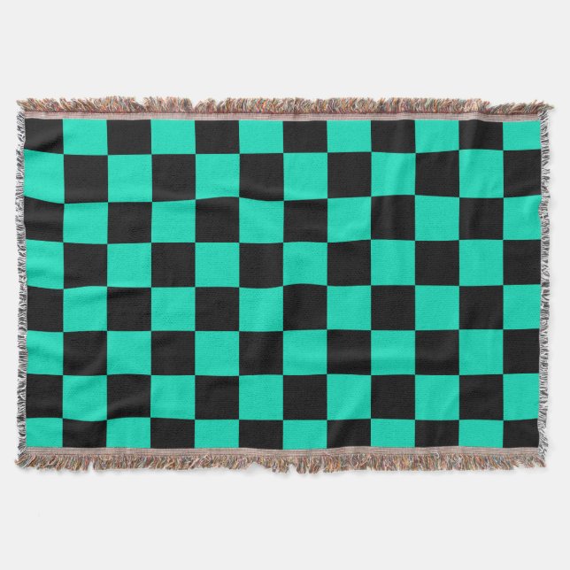 Green Black Chequered Check Pattern Throw Blanket (Front)