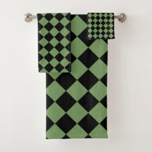Green Black Chequered Diamond Pattern  Bath Towel Set