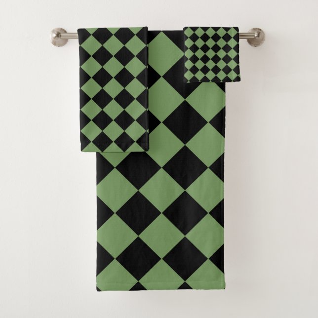 Green Black Chequered Diamond Pattern  Bath Towel Set (Insitu)