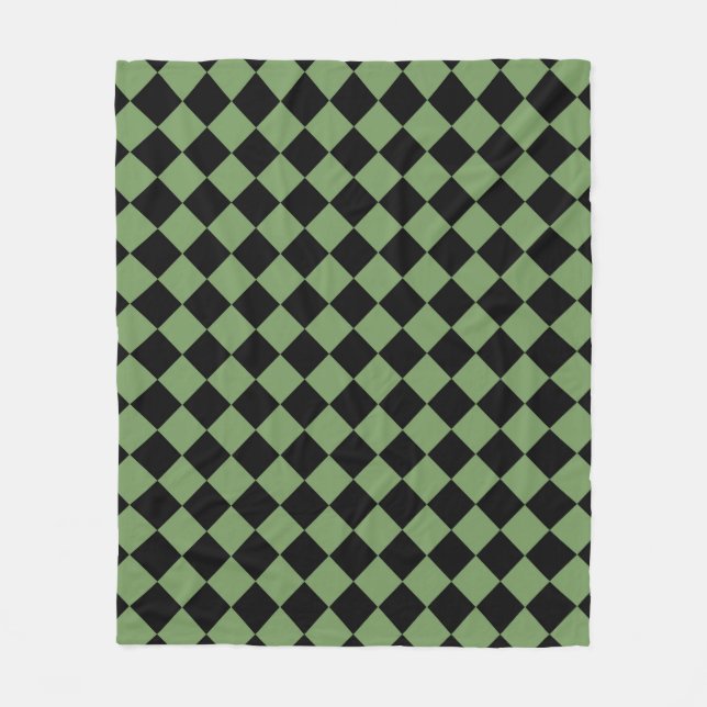 Green Black Chequered Diamond Pattern Fleece Blanket (Front)