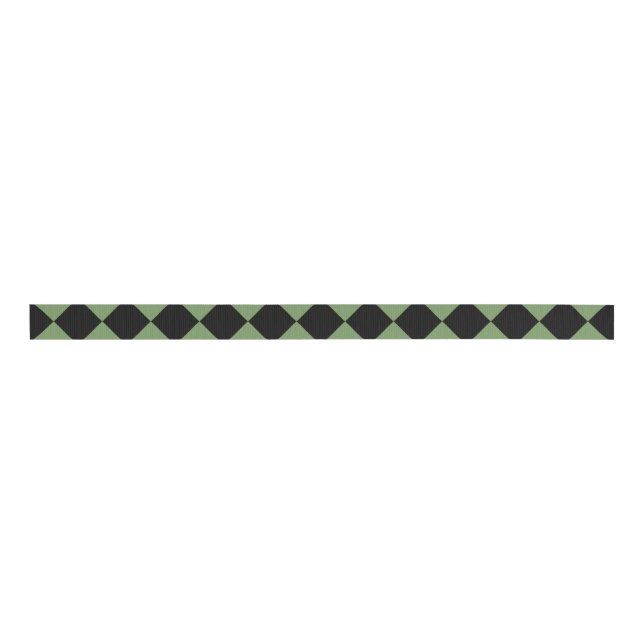 Green Black Chequered Diamond Pattern Grosgrain Ribbon (Front)