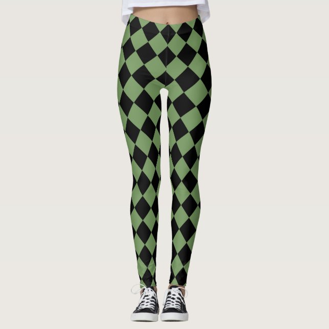 Green Black Chequered Diamond Pattern  Leggings (Front)