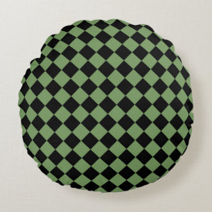 Green Black Chequered Diamond Pattern Round Cushion