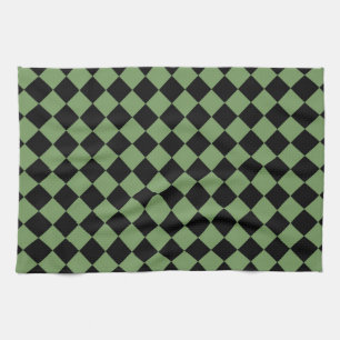 Green Black Chequered Diamond Pattern Tea Towel
