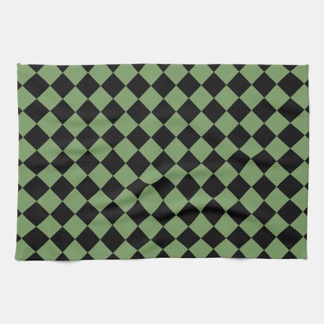 Green Black Chequered Diamond Pattern  Tea Towel (Horizontal)