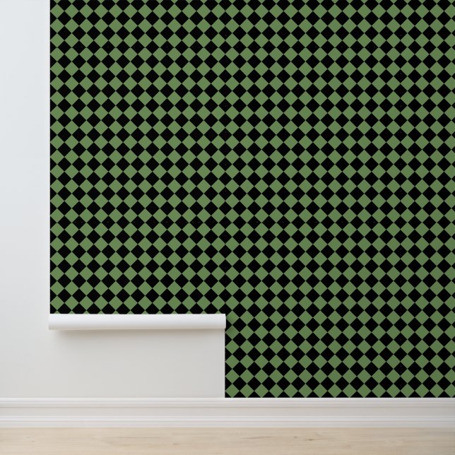 Green Black Chequered Diamond Pattern Wallpaper (Application)