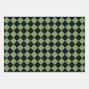 Green Black Chequered Diamond Pattern Wrapping Paper Sheet