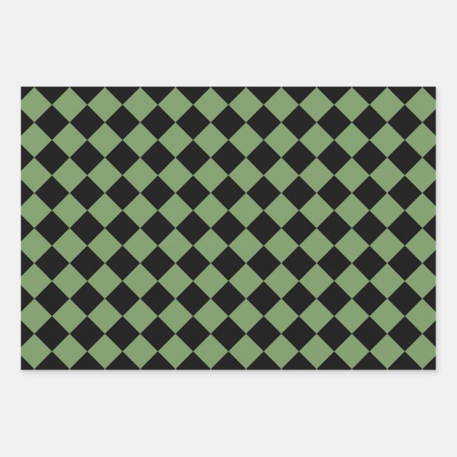 Green Black Chequered Diamond Pattern Wrapping Paper Sheet (Front)