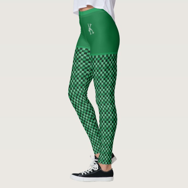 Green Black Chequered Pattern Monogram Customised Leggings (Left)