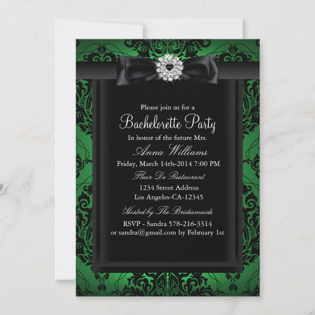 Green & Black Chic Damask Bachelorette Party Invitation (Front)