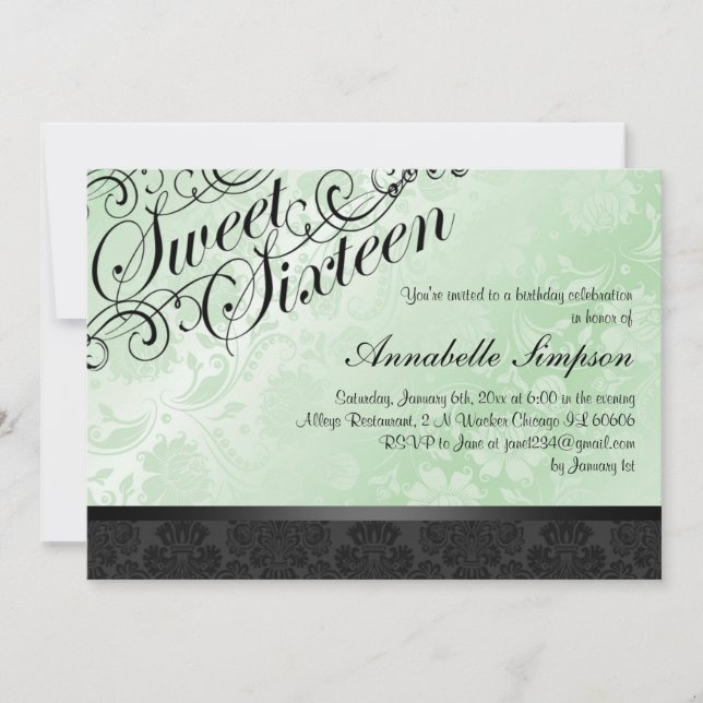 Green & Black Chic Floral Damask Sweet16 Invite (Front)