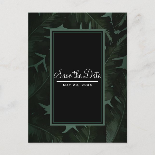 Green & Black Chic Tropical Leaves Save the Date Announcement Postcard (Front)