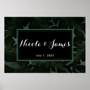Green & Black Chic Tropical Leaves Wedding Banner Poster
