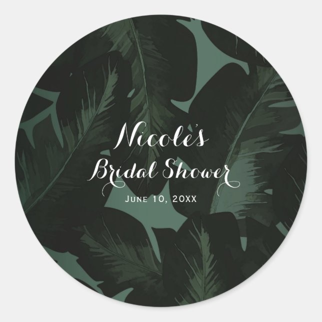 Green & Black Chic Tropical Leaves Wedding Favour Classic Round Sticker (Front)