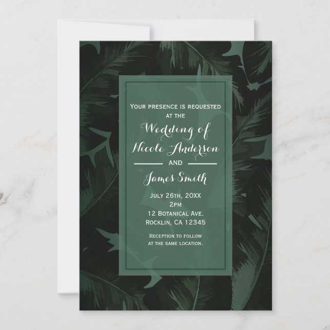 Green & Black Chic Tropical Leaves Wedding Invitation (Front)