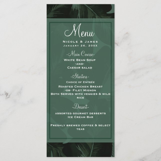 Green & Black Chic Tropical Leaves Wedding Menu (Front)