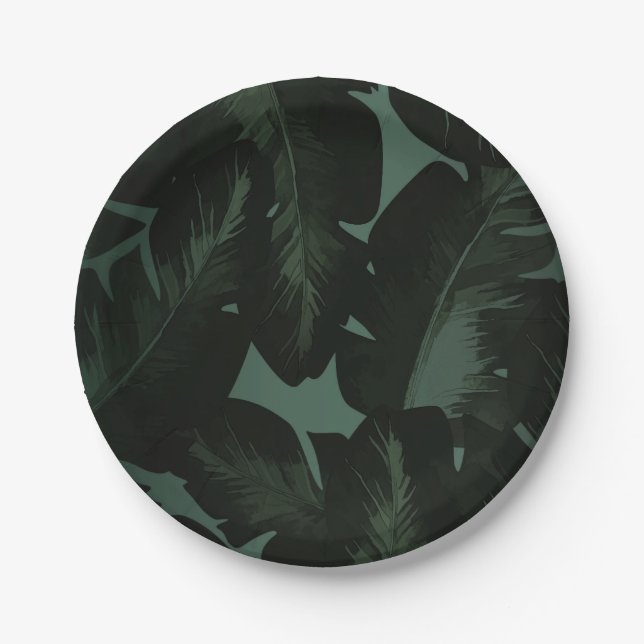 Green & Black Chic Tropical Leaves Wedding Paper Plate (Front)