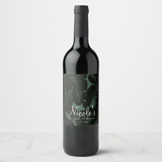 Green & Black Chic Tropical Leaves Wedding Wine Label (Front)