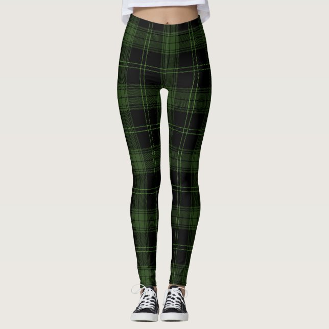 Green, Black Colours, Green Apple Twill Tartan Leggings (Front)