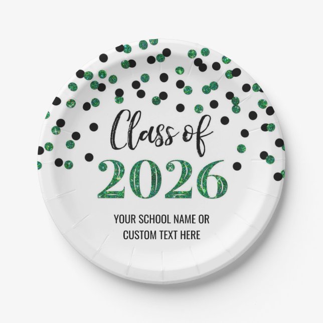 Green Black Confetti Graduation 2026 Paper Plate (Front)
