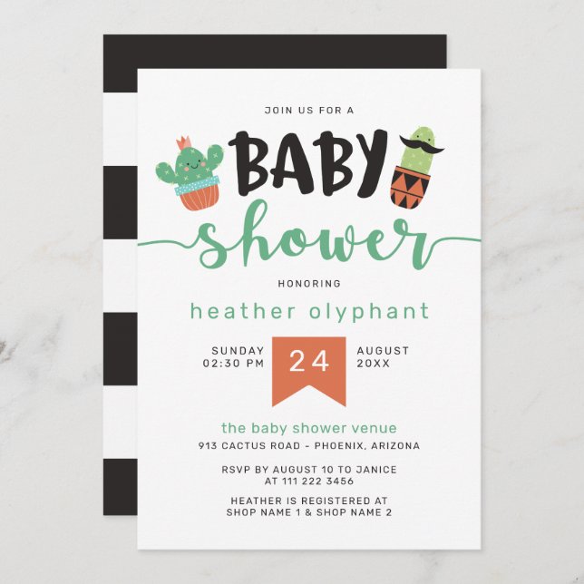 Green Black Cool Cactus Baby Shower Invitation (Front/Back)