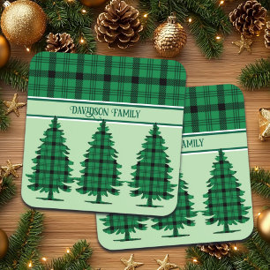 Green Black Cosy Tartan Pine Trees Coaster