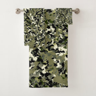 Green Black Cream Camouflage Pattern Print Bath Towel Set
