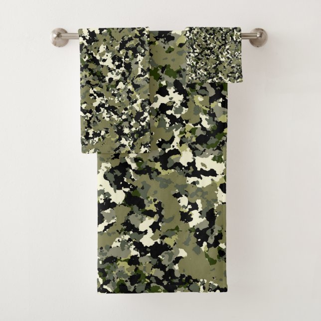 Green Black Cream Camouflage Pattern Print Bath Towel Set (Insitu)