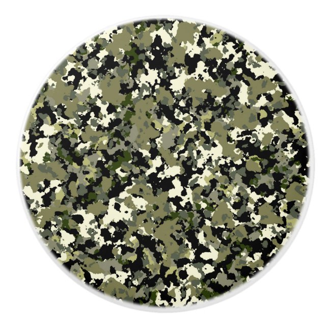 Green Black Cream Camouflage Pattern Print Ceramic Knob (Front)