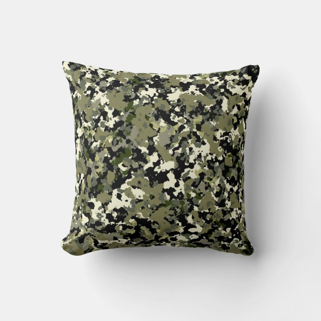 Green Black Cream Camouflage Pattern Print Cushion (Front)