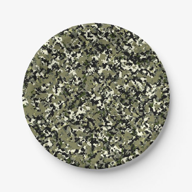 Green Black Cream Camouflage Pattern Print Paper Plate (Front)