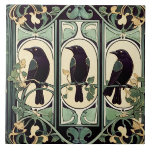 Green Black Crow Birds Art Nouveau Art Deco Bird Ceramic Tile