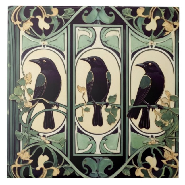Green Black Crow Birds Art Nouveau Art Deco Bird Ceramic Tile (Front)