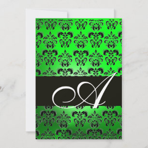 GREEN  BLACK  DAMASK MONOGRAM ,bright white Invitation
