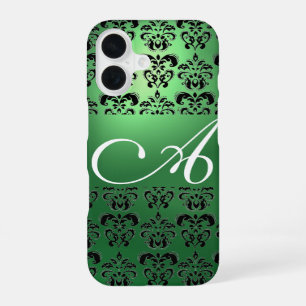GREEN BLACK DAMASK MONOGRAM Floral iPhone 16 Case