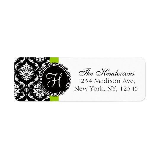 Green Black Damask Monogram Wedding Address Label
