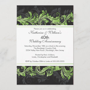 Green Black Damask Swirl Anniversary Invitation