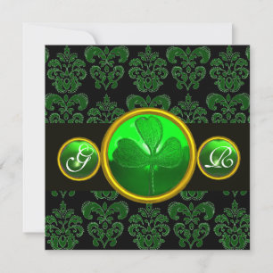 GREEN BLACK DAMASK WITH SHAMROCK EMERALD MONOGRAM INVITATION