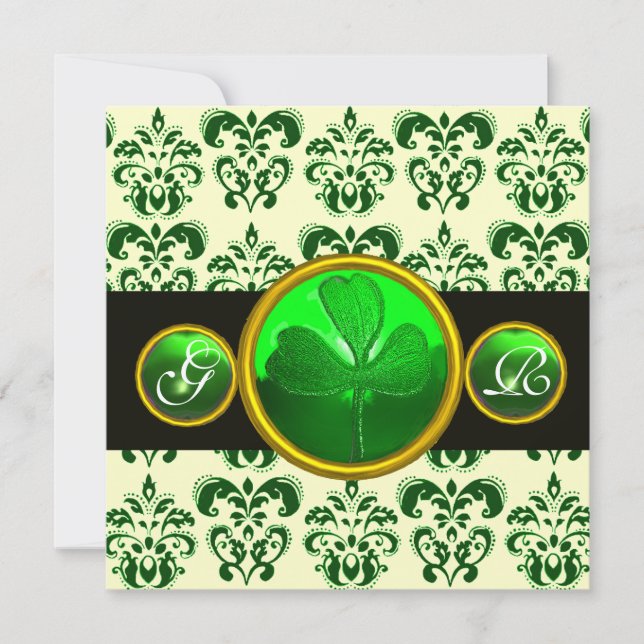 GREEN BLACK DAMASK WITH SHAMROCK MONOGRAM Gold Invitation (Front)