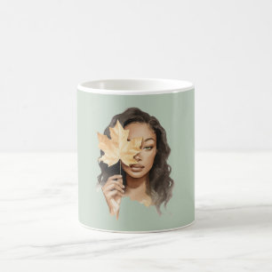 Green Black Female Yellow Leaf Fall Coffee Mug