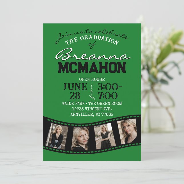 Green & Black Filmstrip 5 Photo Graduation Invitation (Creator Uploaded)
