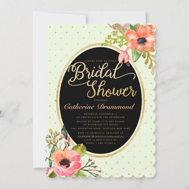 Green Black Floral Chic Bridal Shower Invitation (Front)