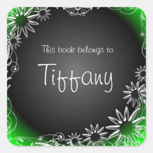 Green black floral custom book sticker labels