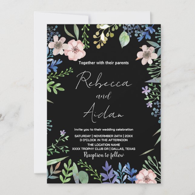 Green Black Floral Wedding Invitations (Front)