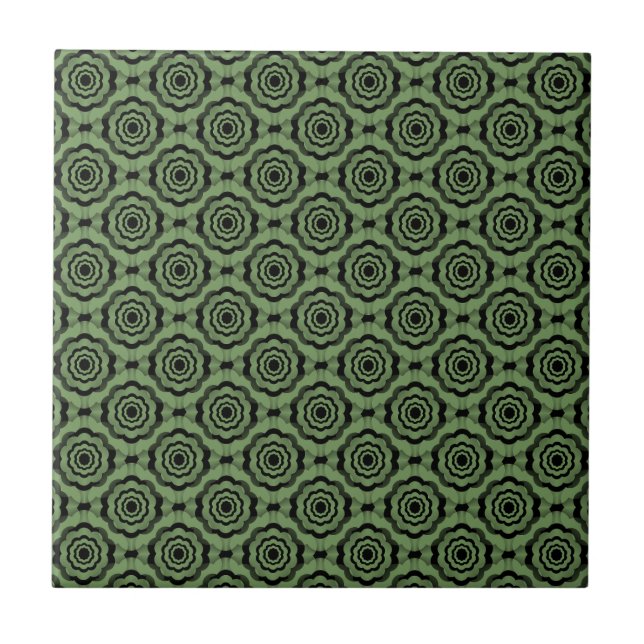 Green Black Flower Seamless Pattern Ceramic Tile (Front)