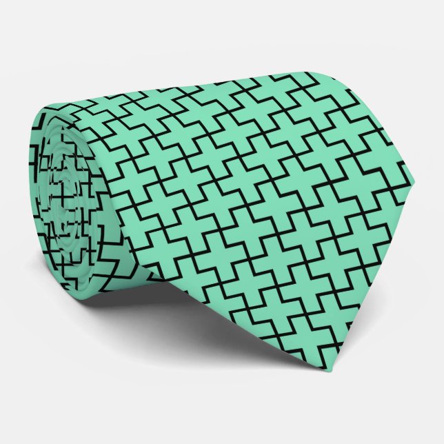 Green Black Geometric Pattern Tie (Rolled)