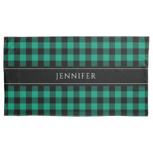 Green & Black Gingham Plaid Farmhouse Pattern Name Pillowcase